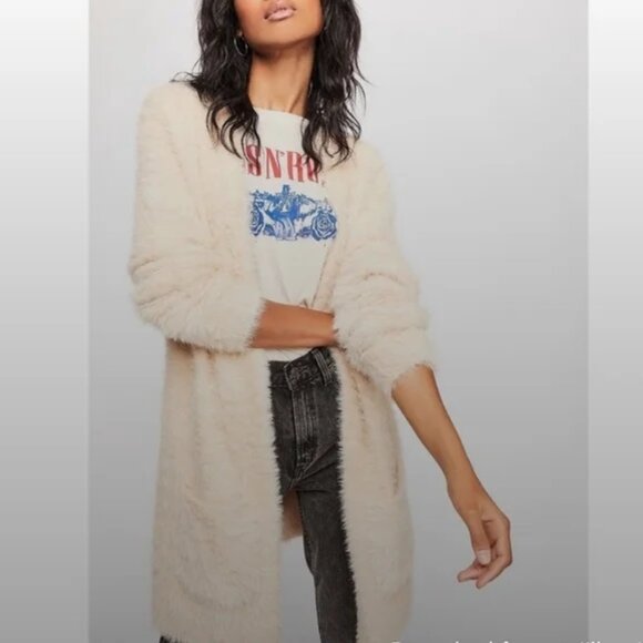 FREE PEOPLE Faux Fur Cardigan Almond Sz L - Picture 3 of 5
